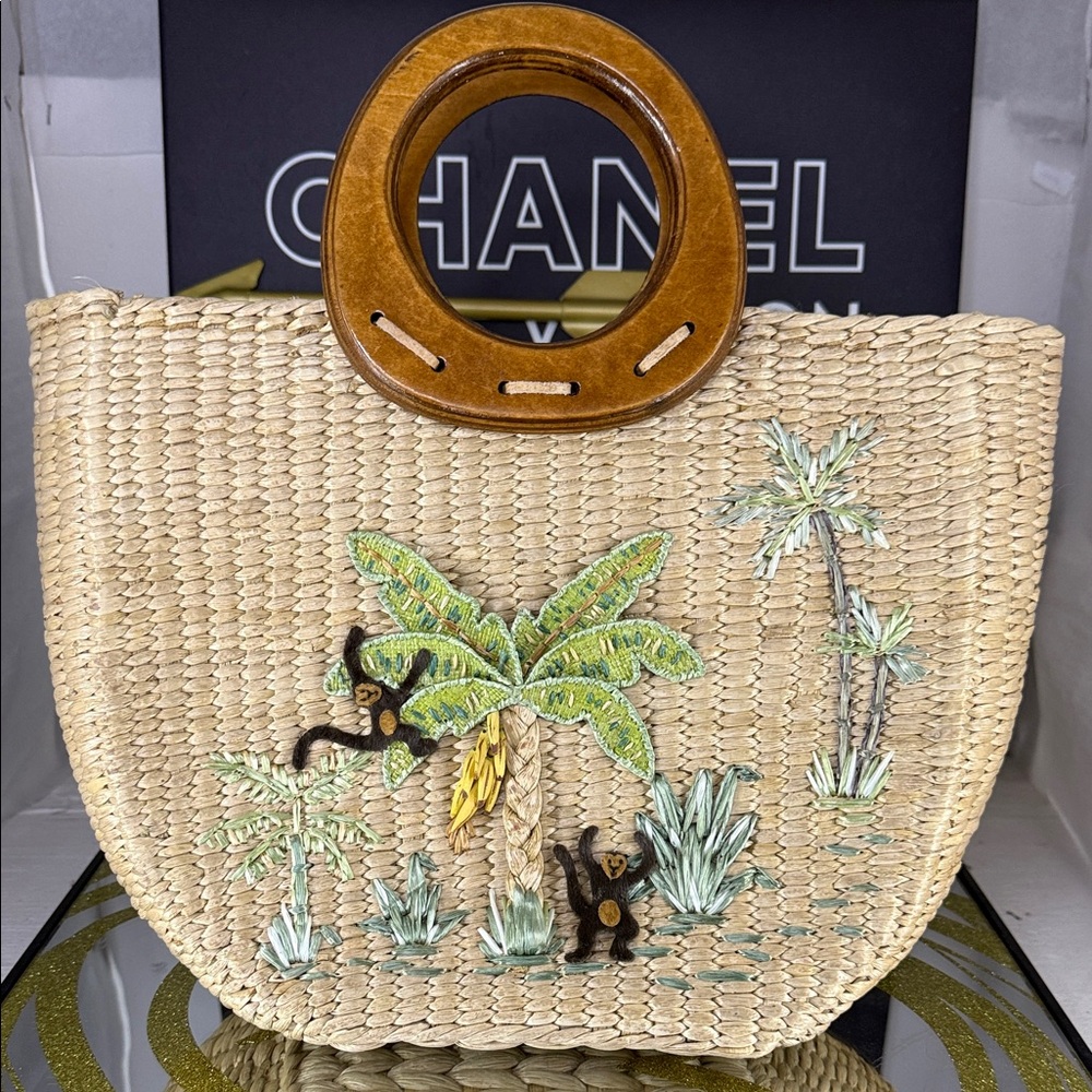 St. John's Bay Beige Straw Tote with Wooden Handles and Tropical Embroidery